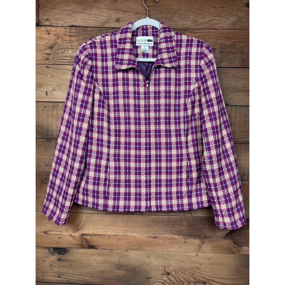 Leslie Fay Haberdashery Jacket Womens 10 Purple Plaid Zip Front Collared Lined
